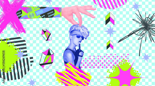 Contemporary digital collage art. Fashion disco girls 90s party style on design geometry background. © Porechenskaya