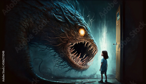Little girl facing large and scary monster, overcoming fear concept (created with Generative AI)