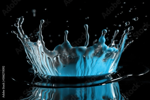 Éclaboussure d'une goutte d'eau dans un liquide coloré sur fond noir, prise de vue haute vitesse de déclenchement