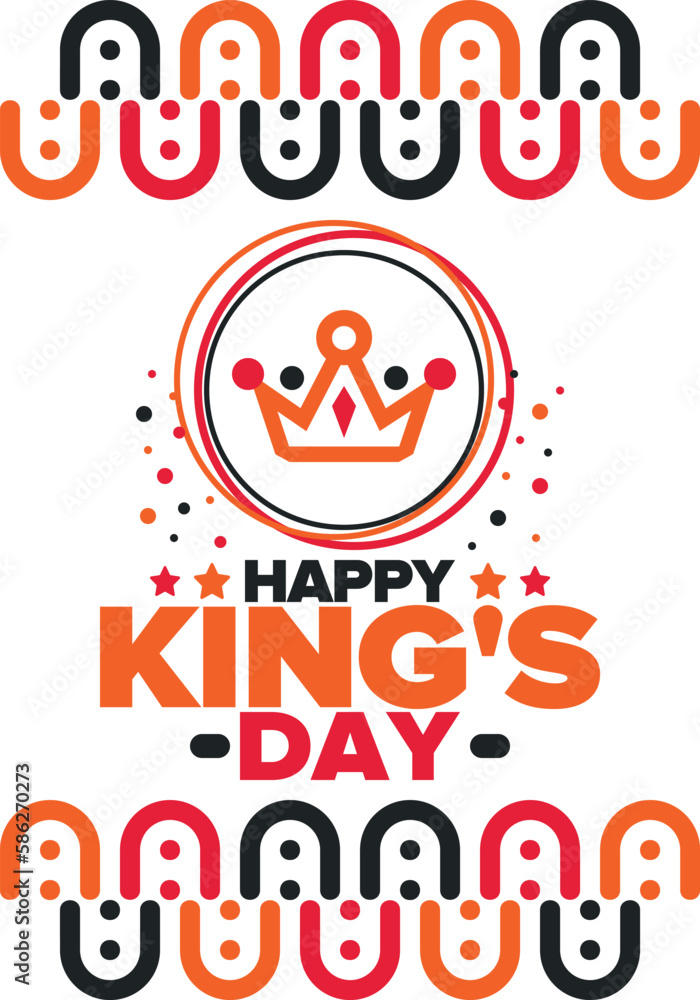 King’s Day in Netherlands. Koningsdag in Dutch. Nation’s cultural heritage and the celebrate birthday of His Majesty King. Dutch royal family. Netherlands flag. Orange colour or orange madness. Vector