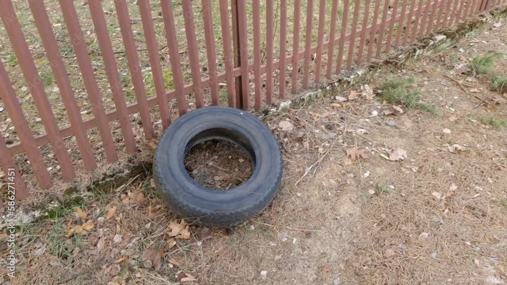 Old tire for recycling. Reuse of the waste rubber tyres. Worn out wheel for recycling Old tire for recycling. Reuse of the waste rubber tyres. Worn out wheel for recycling