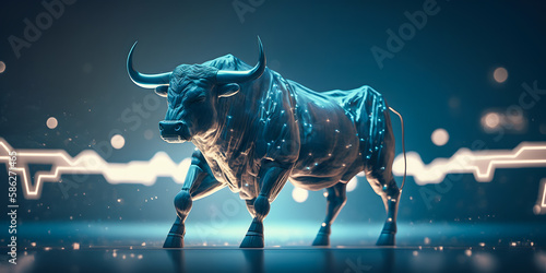 Symbol Bull Digital blockchain, Blue color. Concept financial technological sector in stock market, banner. Generation AI