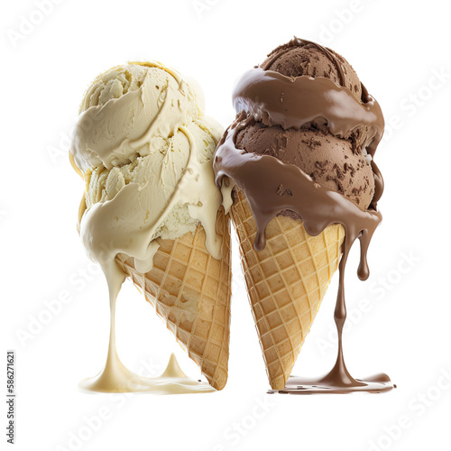 a summer-themed illustration featuring a vanilla and chocolate ice cream cone dripping set on a transparent background and provided in PNG. Generative AI