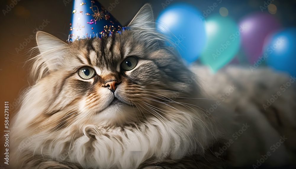 Happy cat celebrating birthday with party hat, banner balloons background. Generation AI