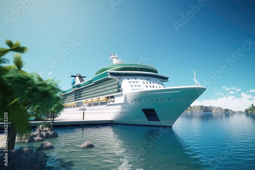 big luxurious cruise ship docked in a nice harbor. Ai generative