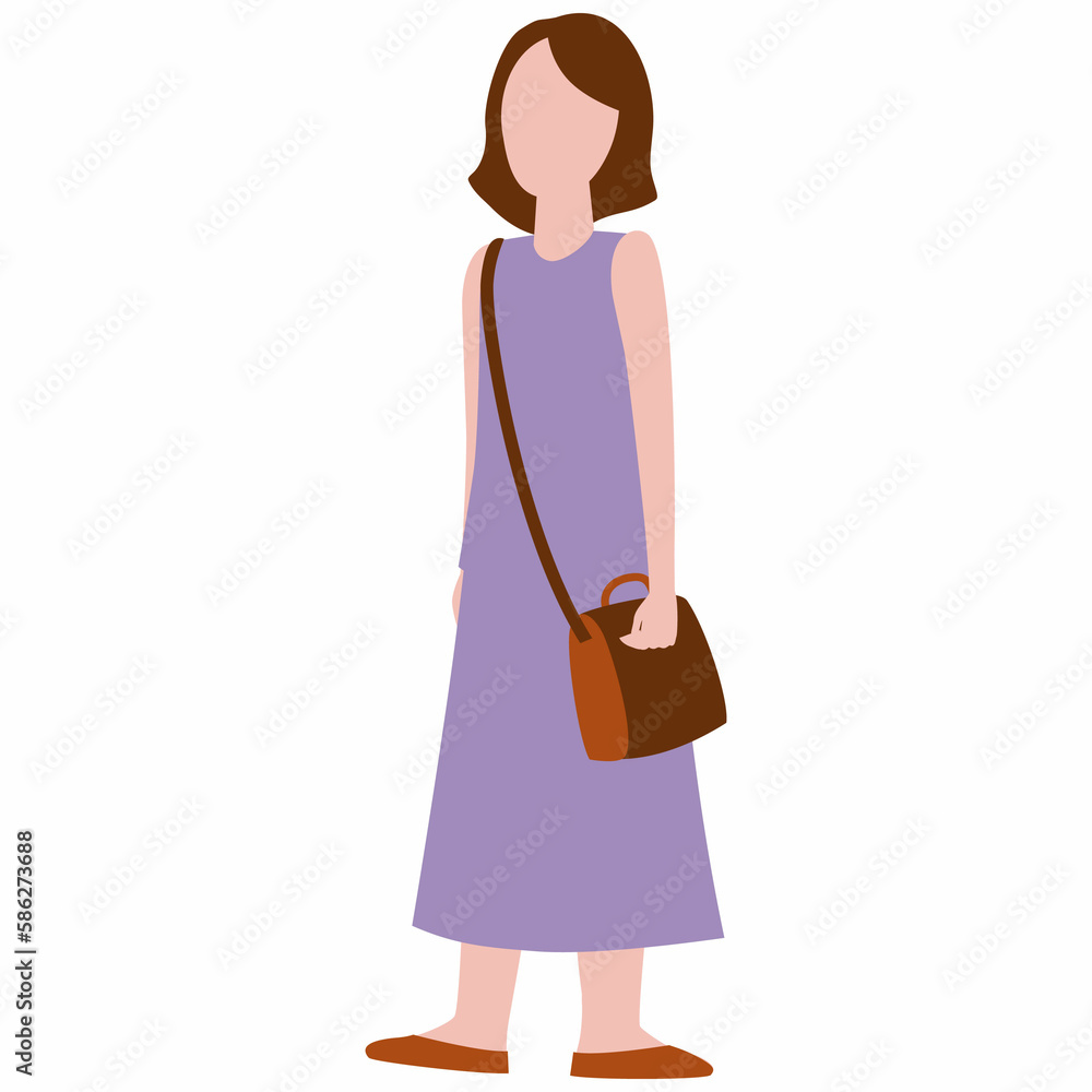 The girl is standing with a bag. The girl is standing with a bag.