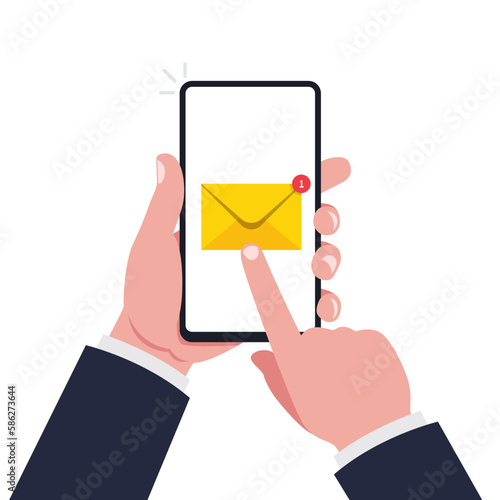New incoming message on screen smartphone. Chatting, sms concept and communication. Vector.