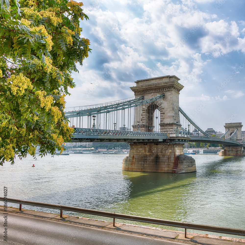 Obraz premium Breathtaking daily scene with Széchenyi Chain bridge over Danube river.