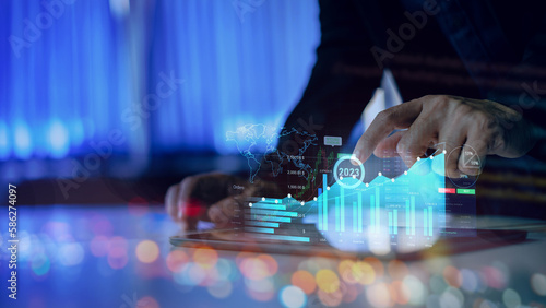 Businessman investment analyzing big data result and economic growth financial with virtual dashboard technology digital marketing. Concept for business, economy and global network. 3D illustration.