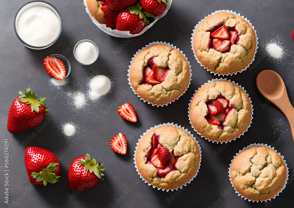 strawberry Muffins with Ingredients, generative art by A.I.