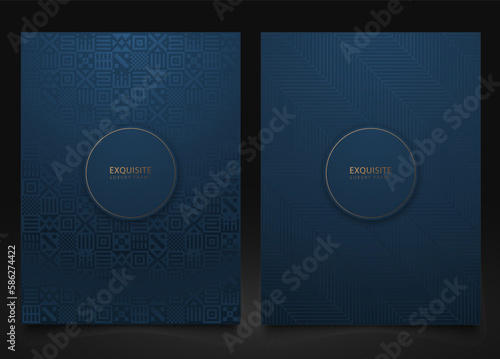 Vector set blue packaging templates with different geometric pattern texture for luxury product. Frame design for logo. Ethnic abstract mexican background, graphic folk print