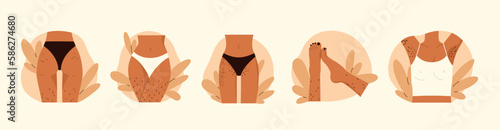 Hairy body collection. Female unshaved hairy legs, armpit and pubic hair set. Body positive, normalize female body hair, skin care. Vector illustration in cartoon style. Isolated white background