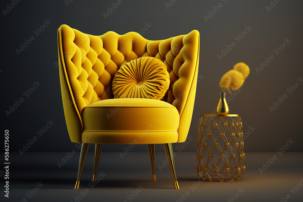Yellow velvet luxury armchair in living room. Living room with yellow
