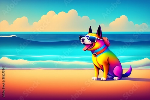 Rendering of "Cute Cartoon Dog Enjoys Summer Beach". Generative AI.  © Leandro