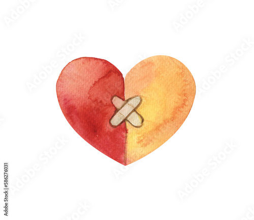 The red broken heart of a man and a woman is sealed with a Band-Aid. The concept of reconciliation, family support, care and reconciliation. Handmade watercolor illustration highlighted on a white bac photo