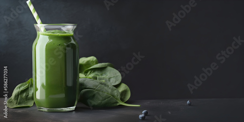 Healthy green smoothie on the black background. Copy space. Generative AI.