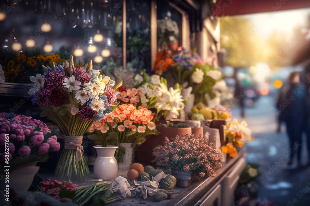 Etal devant la vitrine du fleuriste avec bouquets de fleurs - Générative IA