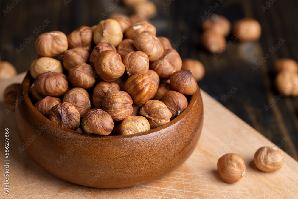 Peeled hazelnuts during cooking, close-up of freshly picked hazelnuts in the kitchen Peeled hazelnuts during cooking, close-up of freshly picked hazelnuts in the kitchen