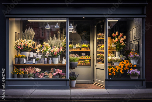 Vitrine du fleuriste avec bouquets de fleurs - Générative IA