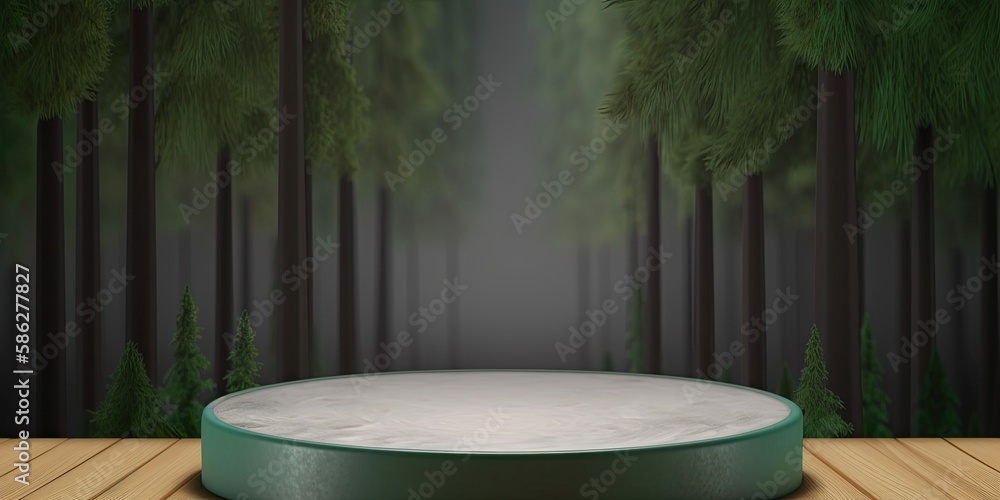 Empty podium, natural mock up display, blank eco plants stand cosmetic product fashion ads on minimal trees forest green background. Luxury pedestal nature mockup scene platform ai generative