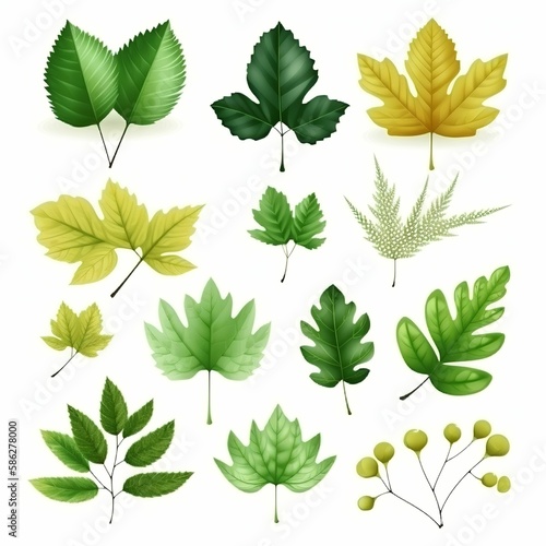set of green leaves. white backgruond. AI Generative © everywow