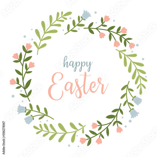 Happy easter. Template for postcard or invitation. A wreath of spring flowers and an inscription.