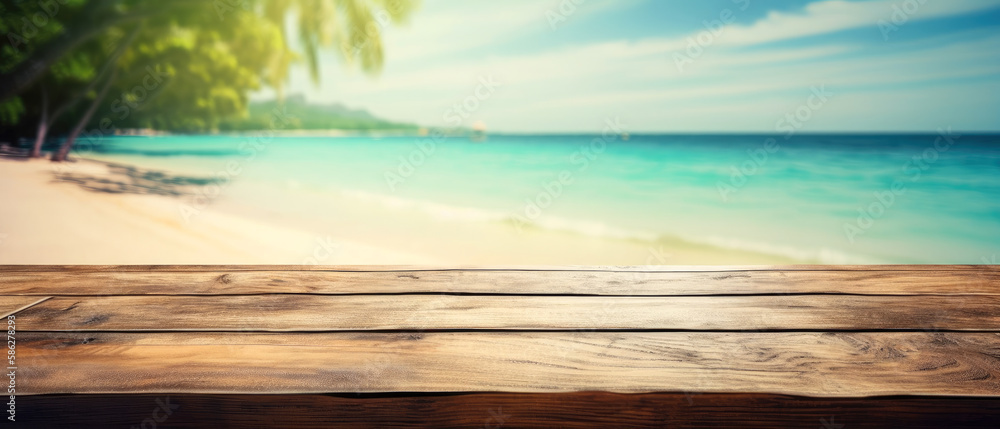 Empty Wooden table for you product space, stock promotion photography ,background  tropical beach . ai generative