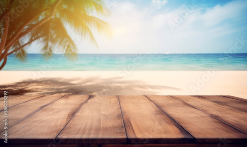 Empty Wooden table for you product space, stock promotion photography ,background tropical beach . ai generative