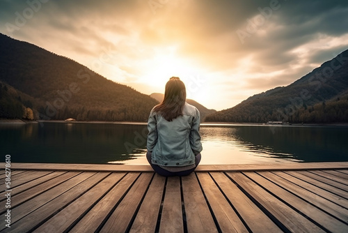 Young woman sitting on wood pier looking mountain landscape and sunset view. Generative Ai