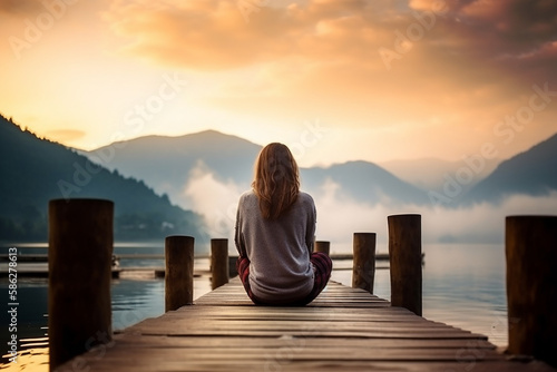 Young woman sitting on wood pier looking mountain landscape and sunset view. Generative Ai