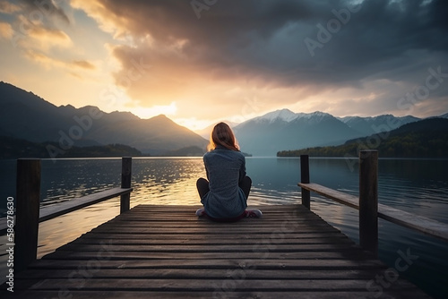Young woman sitting on wood pier looking mountain landscape and sunset view. Generative Ai © NishanPrabodhana