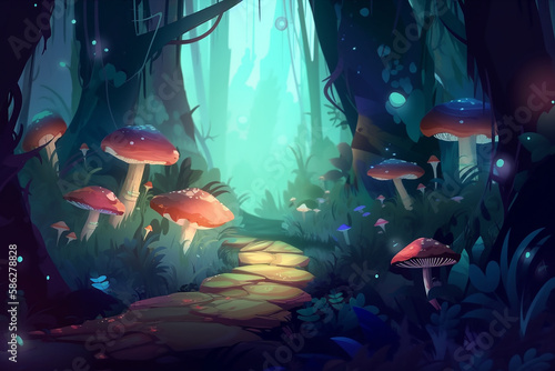 A vector illustration of an enchanted, glowing forest path, lined with luminescent mushrooms and vibrant foliage. Generative Ai