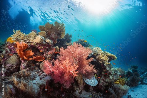 An image of a vibrant coral reef teeming with colorful marine life taken with an underwater wide. Generative Ai