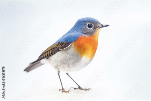 blue bird with yellow marking on its wings isolated on white background. Generative Ai