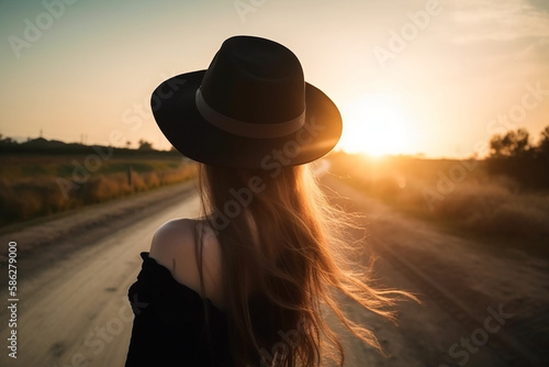 Girl in sunny light with long hair in black hat on beautiful sandy road looks at sunset. Generative Ai