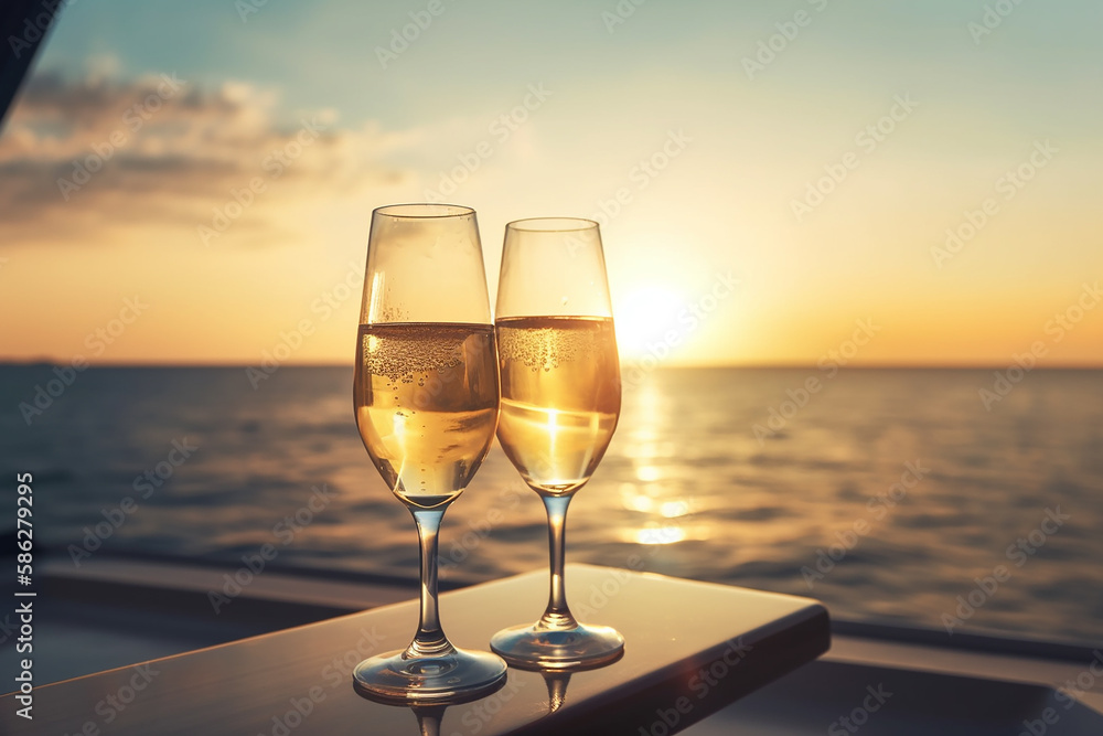 Romantic luxury evening on cruise yacht with champagne setting. Generative Ai
