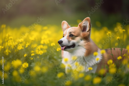 Red corgi sits in green grass with many yellow dandelion flowers. Generative Ai