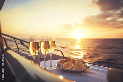 Romantic luxury evening on cruise yacht with champagne setting. Generative Ai  © NishanPrabodhana