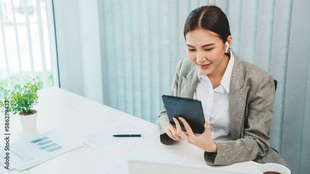 Start up Confident young asian businesswoman working in webcam group video call conference technology Start up Confident young asian businesswoman working in webcam group video call conference technology