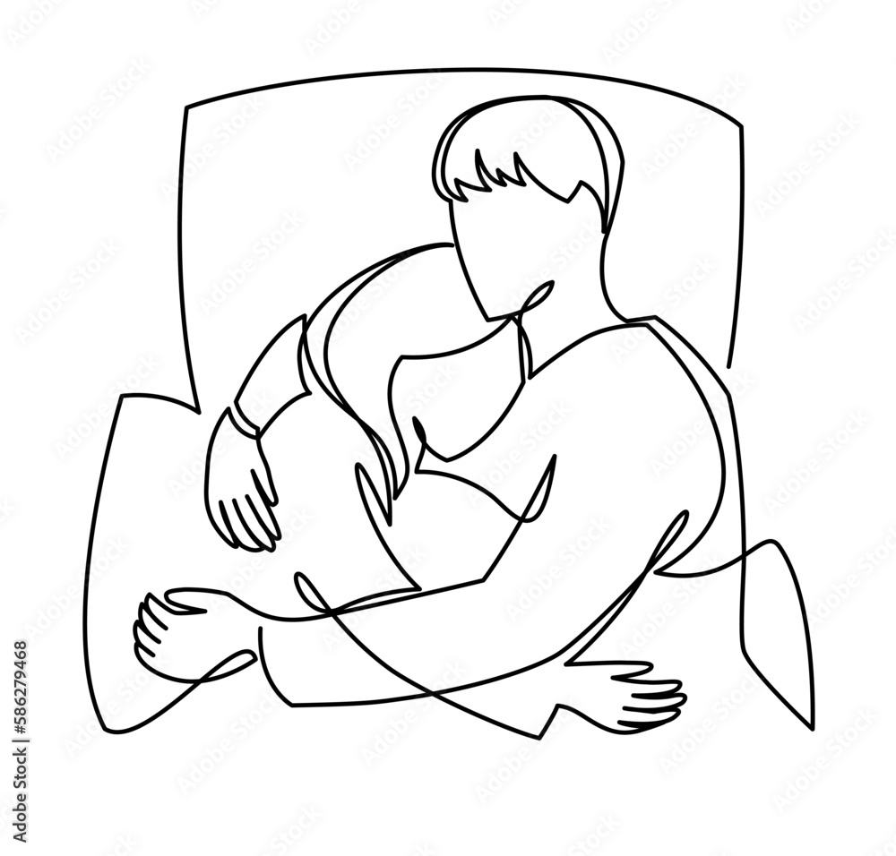 Continuous One Line Vector Drawing Of Beautiful Couple In Sleeping Pose On Pillows Minimalistic 