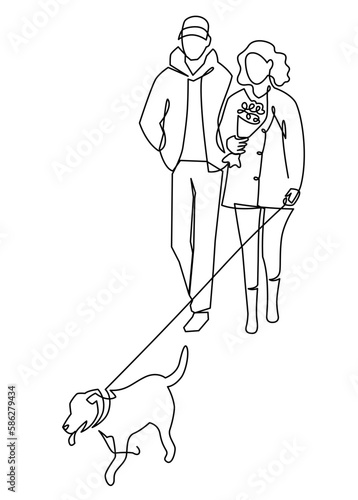 Continuous one line vector drawing of couple walks pet dog. Cartoon young man woman owner characters and puppy labrador, persons walking cute doggy domestic animal isolated on white
