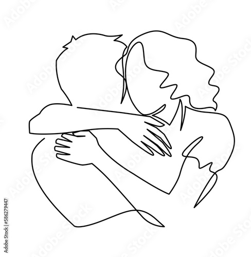 Continuous one line drawing of romantic embrace of two lovers, newlyweds, young people. Loving couple hugging. The concept of friendship, emotional support, comfort someone