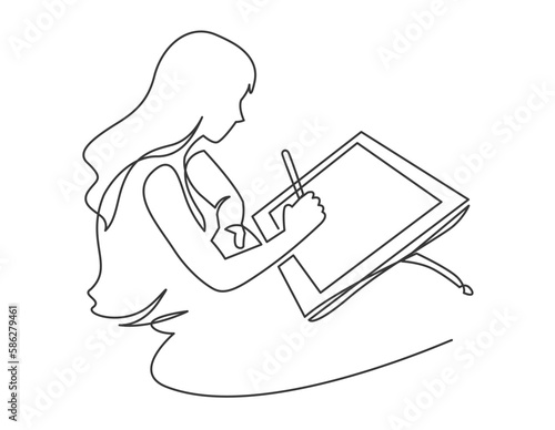 Continuous one line drawing of digital artist, illustrator drawing on tablet PC. Graphic designer with stylus at work at desk. Person creating abstract design on screen. Outline vector illustration.