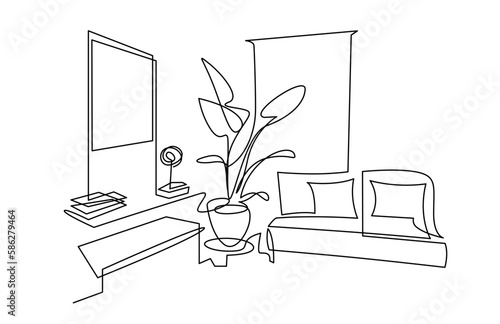 Modern living room interior vector illustration. Leisure place for relaxation with sofa and pillows continuous one line drawing. Window and curtain, plants in a pot. Painting on the wall