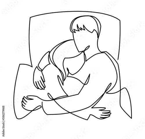 Continuous one line vector drawing of Beautiful couple in sleeping pose on pillows. Minimalistic contour illustration young lovers after sex. Man and woman woke up in the morning and hugging