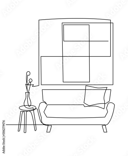 Modern living room interior vector illustration. Leisure place for relaxation with sofa and pillow continuous one line drawing. Window or painting on the wall. Simple interior sketch.