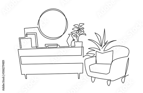 Continuous one line drawing armchair and dresser. Stylish office interior, chair and home plant vector hand drawn illustration. Scandinavian furniture design isolated on white.