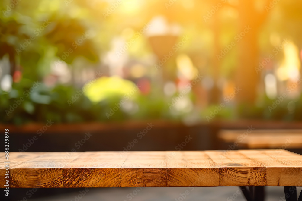 Empty Wooden table for you product space, stock promotion photography , garden background. ai generative Empty Wooden table for you product space, stock promotion photography , garden background. ai generative