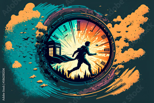 Person traveling in time with a time machine. Realistic style with a limited color palette to create a sense of authenticity. Generative AI photo