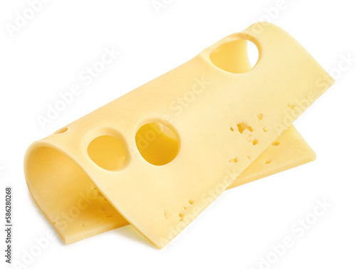 One slice os Maasdam cheese on white background